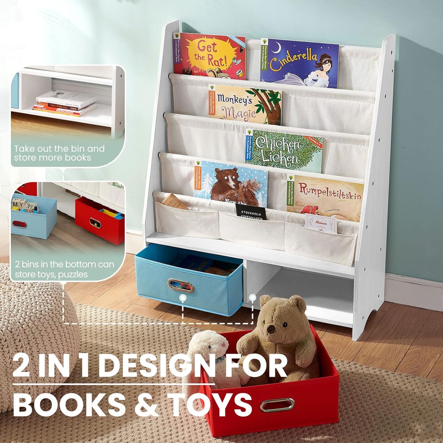 SEIRIONE Sturdy Kids Bookshelf, Children Display Rack, 4 Sling and 2 Storage Boxes for Toys Organizer, White/Wood Texture