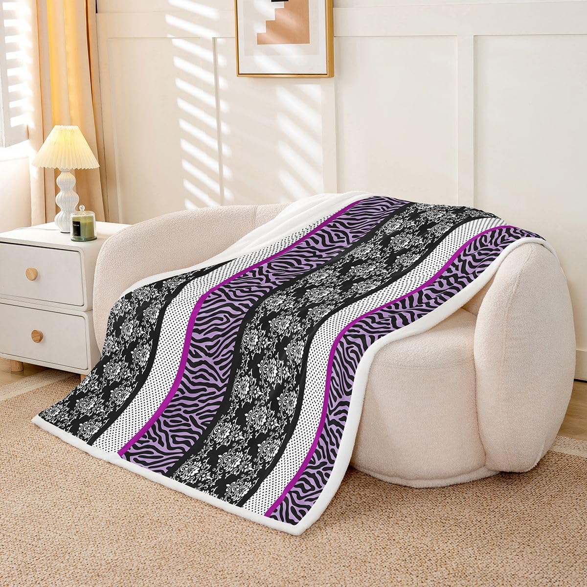 Feelyou Zebra Print Sherpa Throw Blanket for Couch Purple Black Polka Dot Damask Super Soft Cozy Fleece Safari Animal Blanket for Winter, Plush Throw Baby 30"x40" All Season