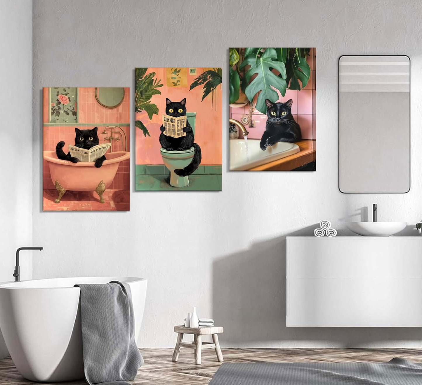 3Pcs Pink Bathroom Cat Canvas Wall Art Black Cat Sitting on Toilet Reading Posters Funny Cat Bathroom Prints Pink Animal Pictures Green Botanical Painting Wall Decor for Bathroom Toilet Framed