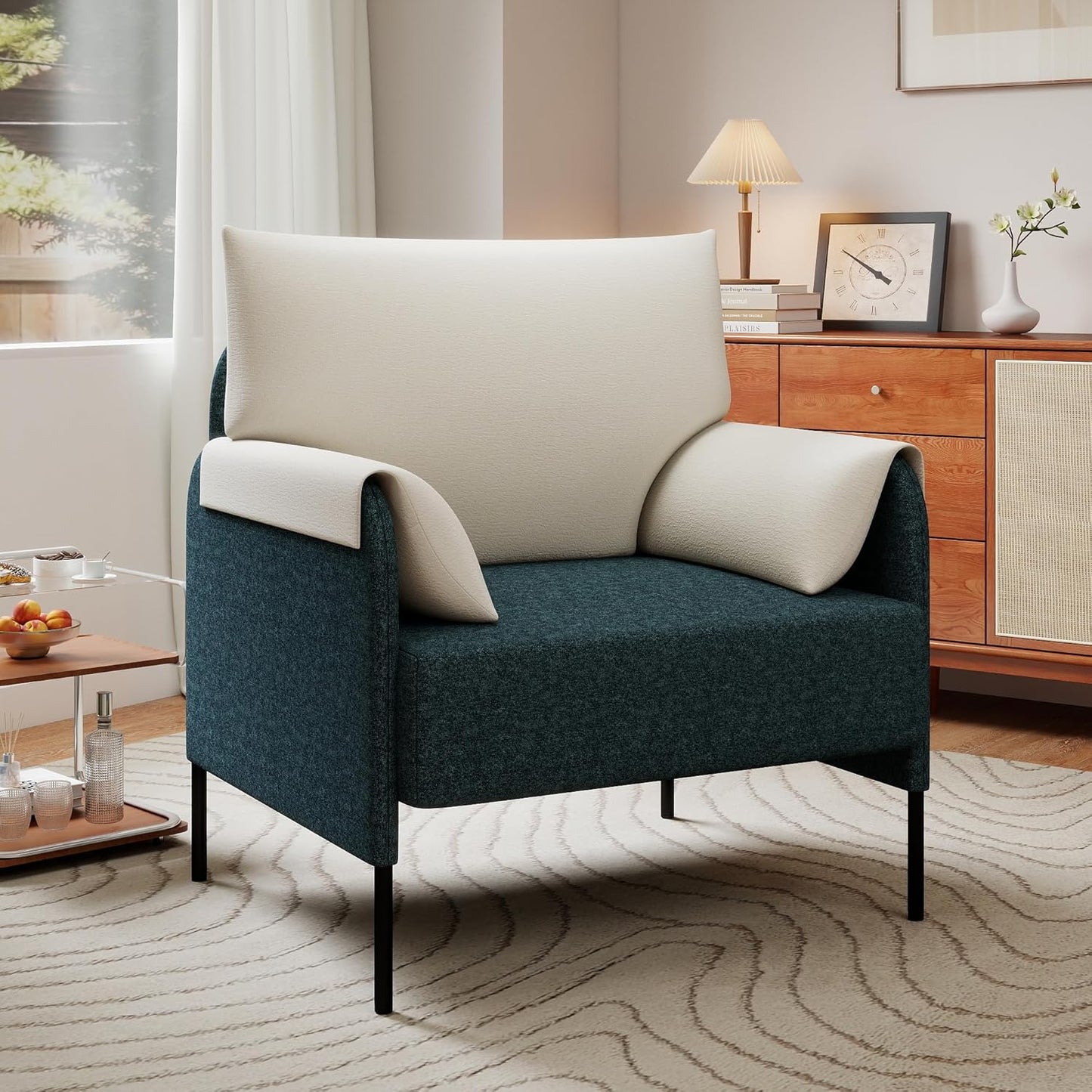 LSSPAID Accent Chair, Modern Comfy Linen Upholstered Armchairs with Removable Pillowed Back and Armrests, Sturdy Metal Frame Living Room Chair, Dark Green