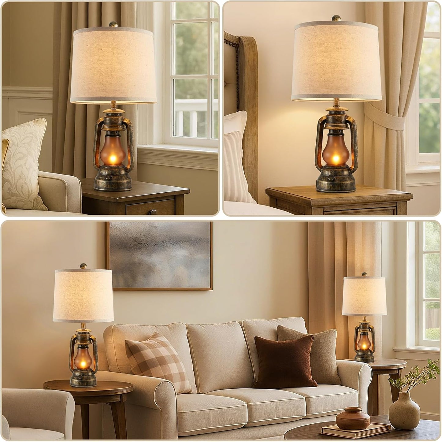 RORIANO Set of 2 Farmhouse Lantern Table Lamps for Living Room with 2 USB Charging Ports, Rustic Vintage Nightstand Lamps with Nightlight for Bedroom End Table Entryway, 4 Bulb Included