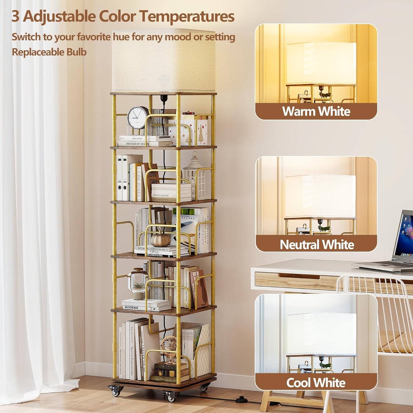 5 Tier Rotating Bookshelf with LED Light, 360 Degree Spinning Square Storage Shelf for Small Corner, Rotating Bookshelf Tower for Home, Rooms, Office (Gold+Brown)