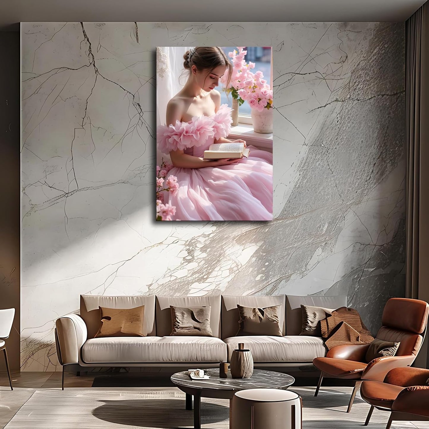 A woman in a pink dress reading a book Poster Wall Decor Wall Art Printing Picture Canvas Living Room Decor Painting Framed and Unframed. (12x18inch-Framed)