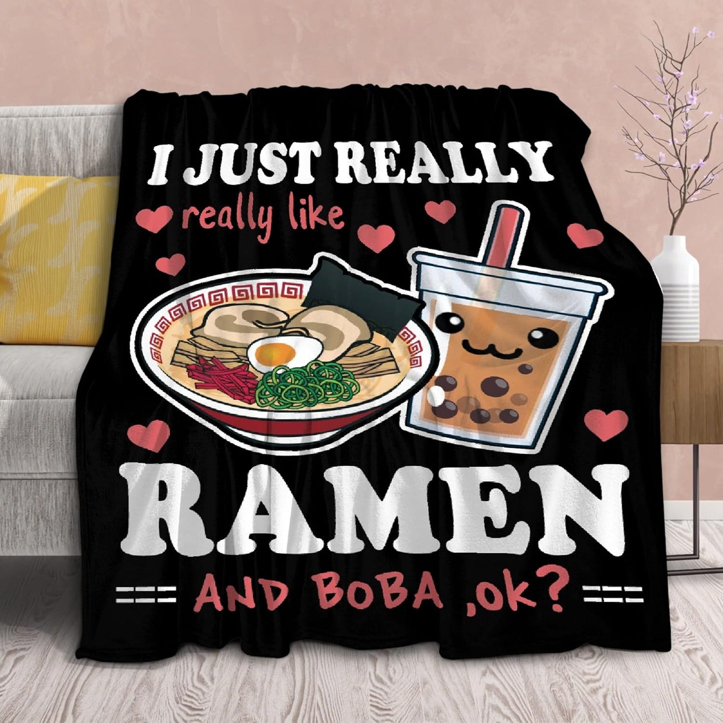 Ramen Blanket Anime Fleece Throws, Kawaii Gift for Girls Teen Loves Noodles Bubble Tea 60x80 Inches Super Soft Lightweight Flannel Blankets, Suitable for All-Season and Bed Sofa
