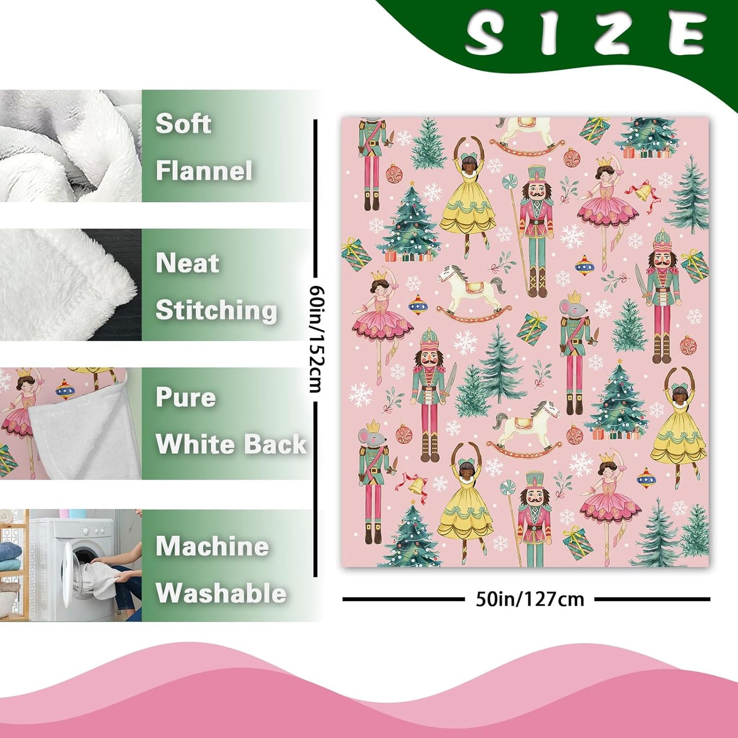 Pink Christmas Nutcracker Flannel Throw Blanket, Cute Xmas Tree Wooden Horses Balls Birthday Gifts for Kids Men Women, Winter Holiday Snowflake Soft Blankets for Bedding Sofa 50 x 60 Inches