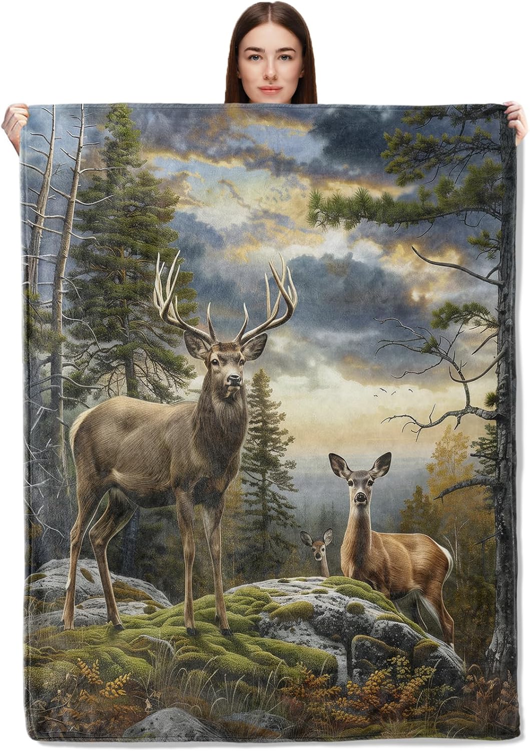 Wilderness Deer Flannel Throw Blanket 50x60 Inch, Realistic Animal in Mountain Forest at Sunset Blankets Soft Cozy Fleece Throws for Wildlife Lover Bed Sofa Dorm Living Room Decor Gifts