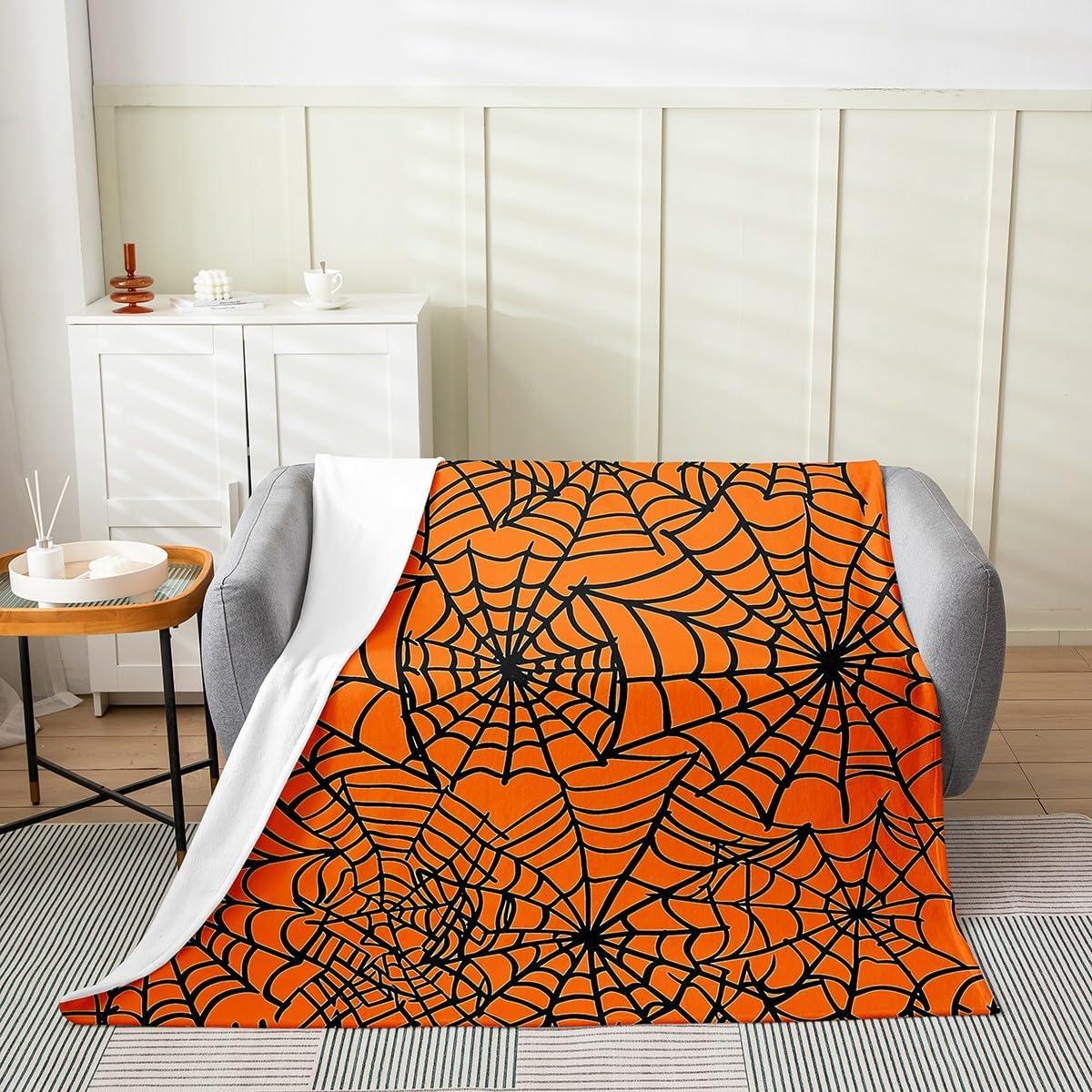 Feelyou Halloween Spider Web Fuzzy Blanket Orange Black Flannel Fleece Throw Blanket Happy Halloween Plush Blanket Gothic Black Warm Cozy Bedding Twin 60"x80"