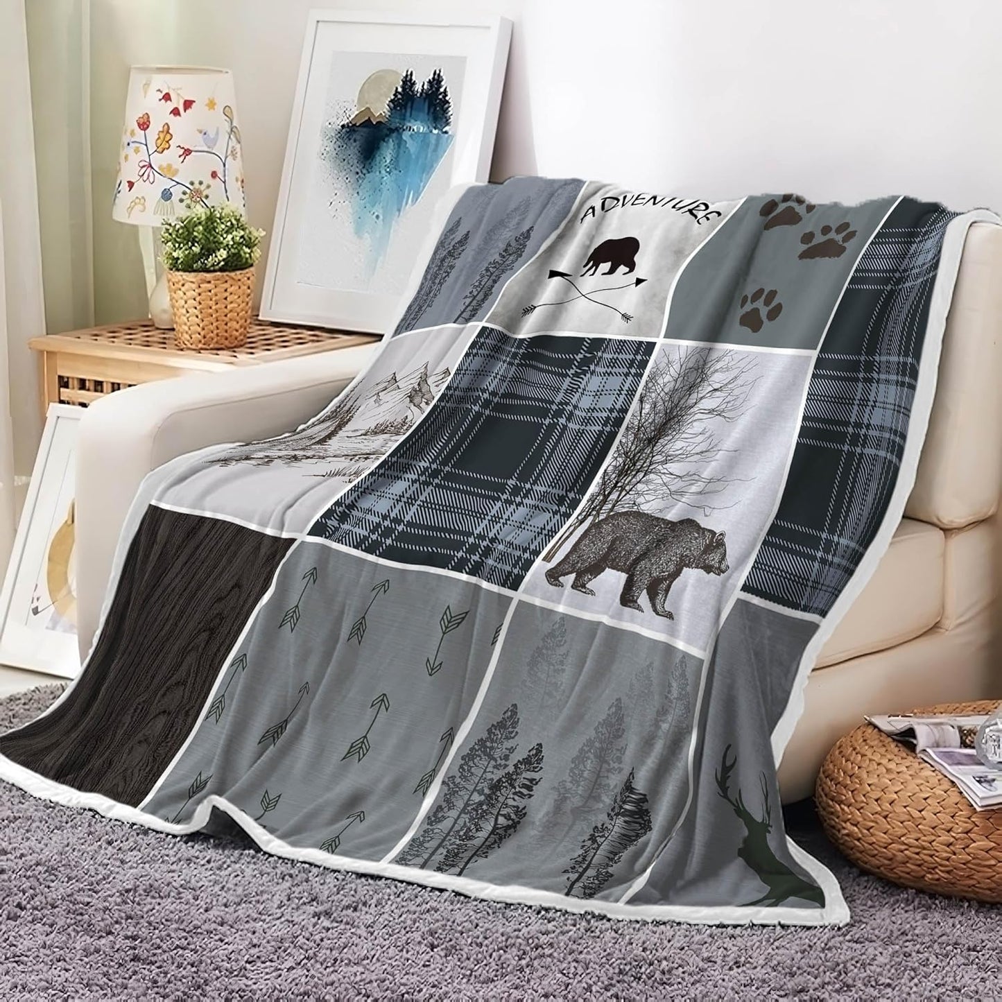 Rustic Cabin Bear Deer Weighted Thick Throw Blanket for Couch, Dusty Blue Hunting Camper Woodland Farmhouse Lodge Plaid Check Soft Cozy Chunky Fleece Flannel Blanket for Bed Office (50X60 Inches)