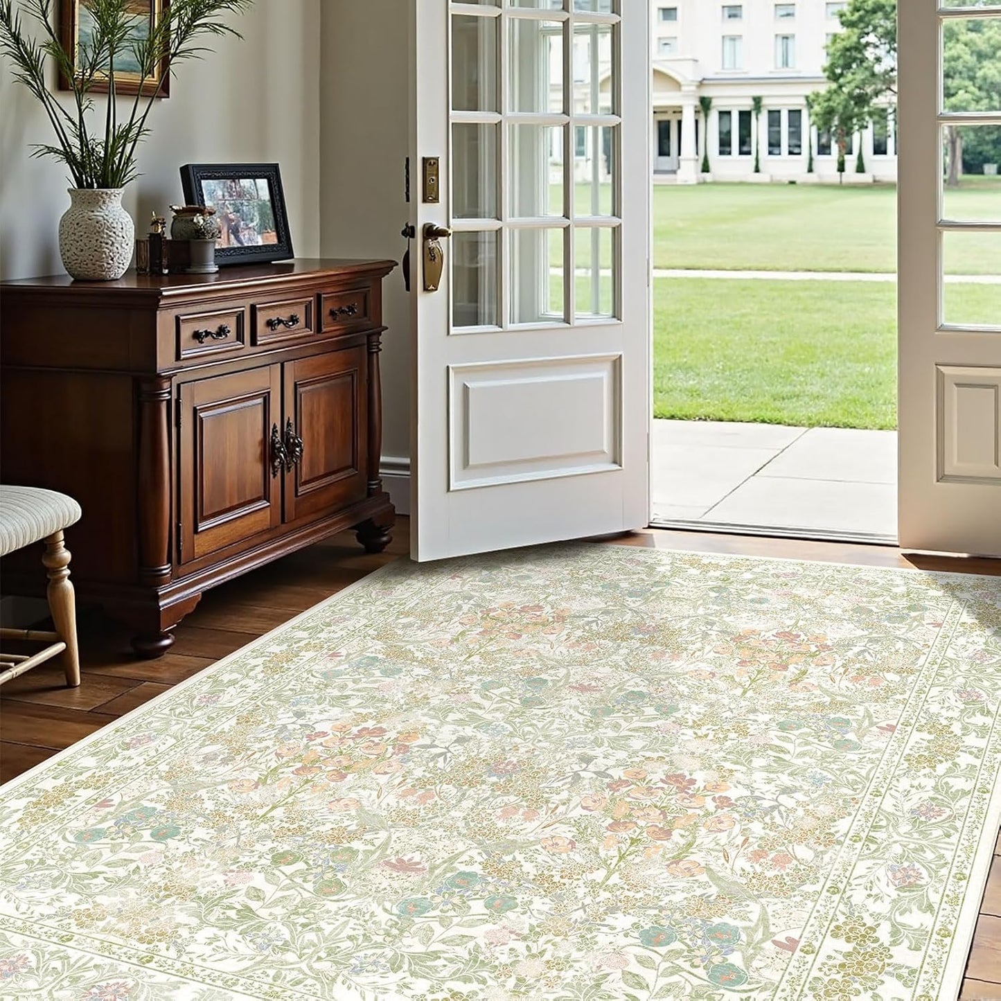 Boho Sage Green Bedside 3x5 Washable Rug for Bedroom, Thin Botanical Vintage Area Rug for Large Entry, Dorm, Kitchen, Foyer, Mudroom, Laundry - Cottage Core Low Pile Non Slip Indoor Front Door Carpet