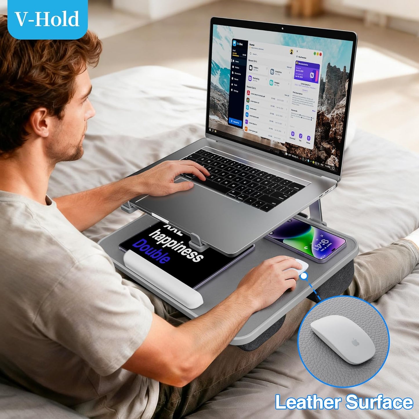 V-Hold Laptop Lap Desk with Foldable Stand, Lightweight Laptop Stand for Bed, Fits up to 17" Laptops & MacBook, Lightweight Lap Tray Table with Pillow Cushion for Bed & Couch
