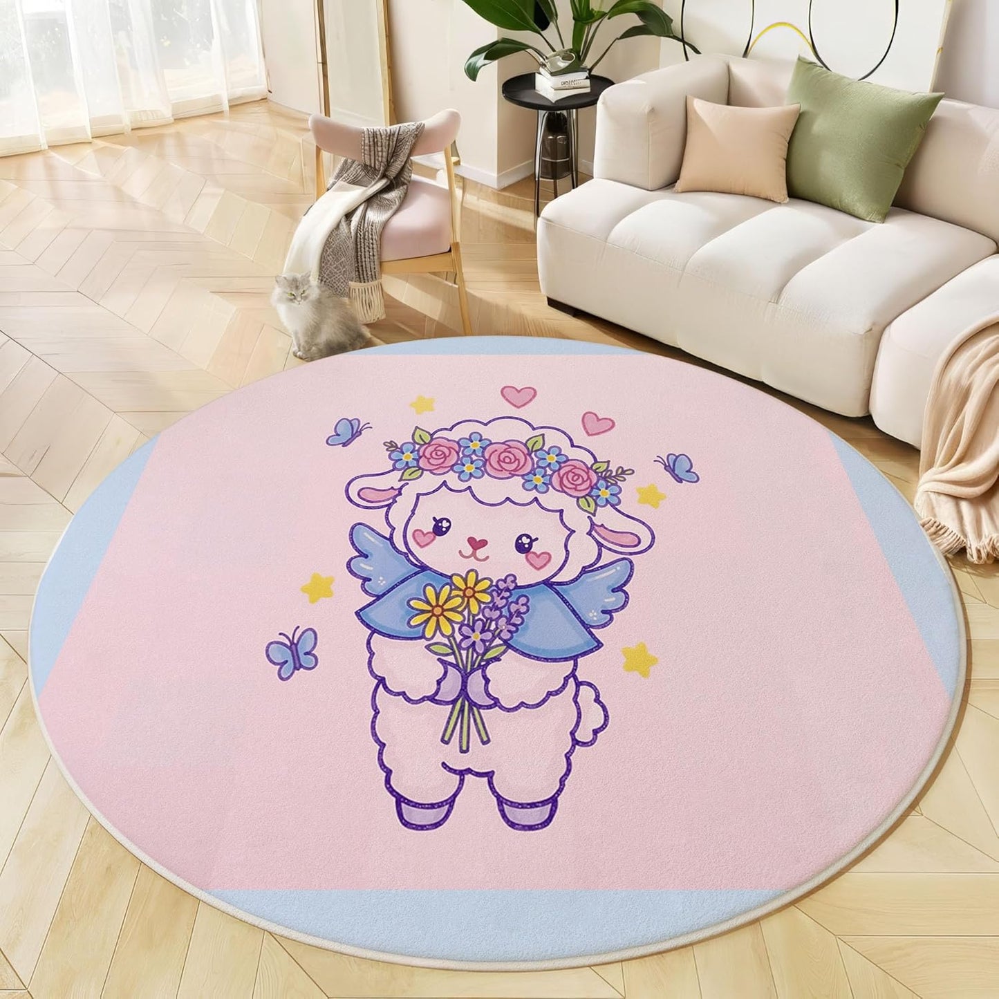 Cute Flowers Lamb Round Rugs 6Ft, Cartoon Animal Round Living Room Area Rug, Washable Large Soft Circle Rug for Bedroom, Non Slip Ultra Thin Floor Carpet for Dining Room, Pink