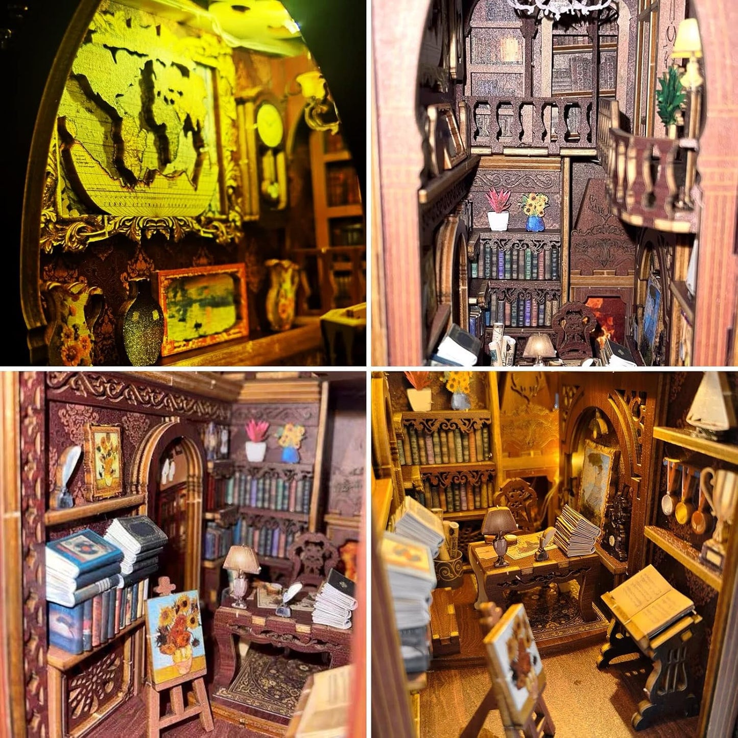 3D Wooden Magic Library Book Nook Kit - Enchanting Bookshelf Insert with Touch LED | DIY Bookend Decor | Ideal for Adults & Teens (Library)