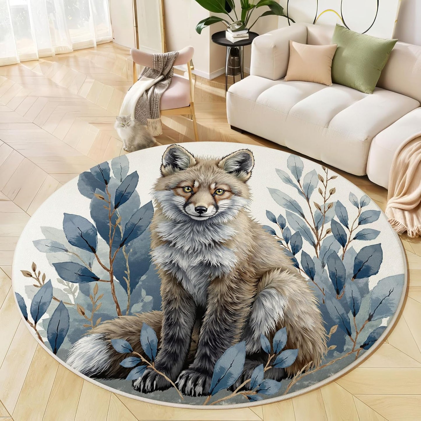 Round Area Rug, 3Ft Washable Non-Slip Blue Gray Watercolor Fox Leaves Circle Rug, Soft Low-Pile Realistic Animal Style Indoor Small Circular Carpet for Bedroom Entryway Dining Living Room