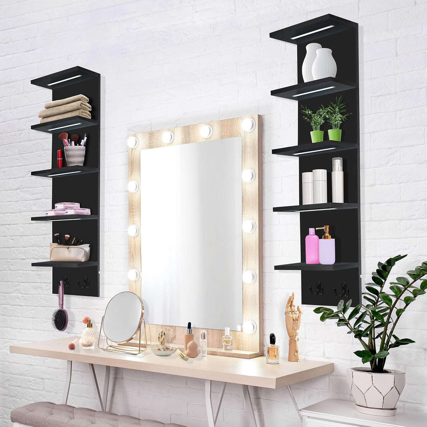 Sorbus LED Light Display Shelf - Vertical 5 Tier Wall Shelf Unit with 2 Hooks, Column Utility Shelving for Home Decor, Wall-Mounted Floating Shelves for Bathroom, Bedroom, Vanity, Figurine Display