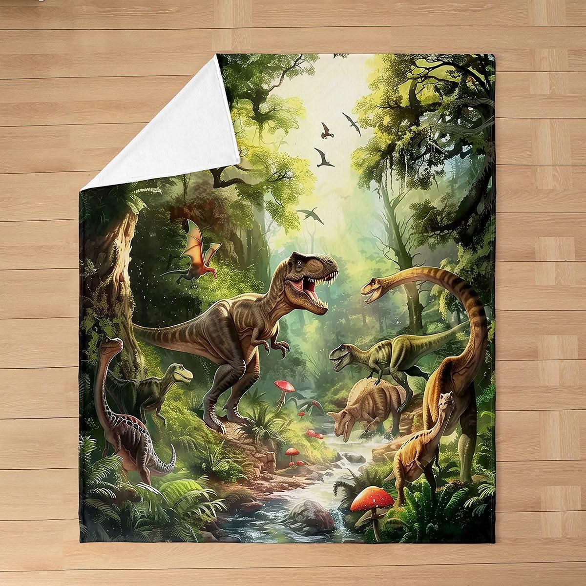 Feelyou Dinosaur Jungle Fleece Throw Blanket Tropical Foliage Pattern Flannel Blanket Plush Fuzzy Dinosaur Adventure Theme for Bed Couch Chair Living Room Fantasy 40"x50" Bedroom Decor