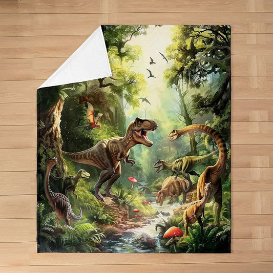 Feelyou Dinosaur Jungle Fleece Throw Blanket Tropical Foliage Pattern Flannel Blanket Plush Fuzzy Dinosaur Adventure Theme for Bed Couch Chair Living Room Fantasy 40"x50" Bedroom Decor