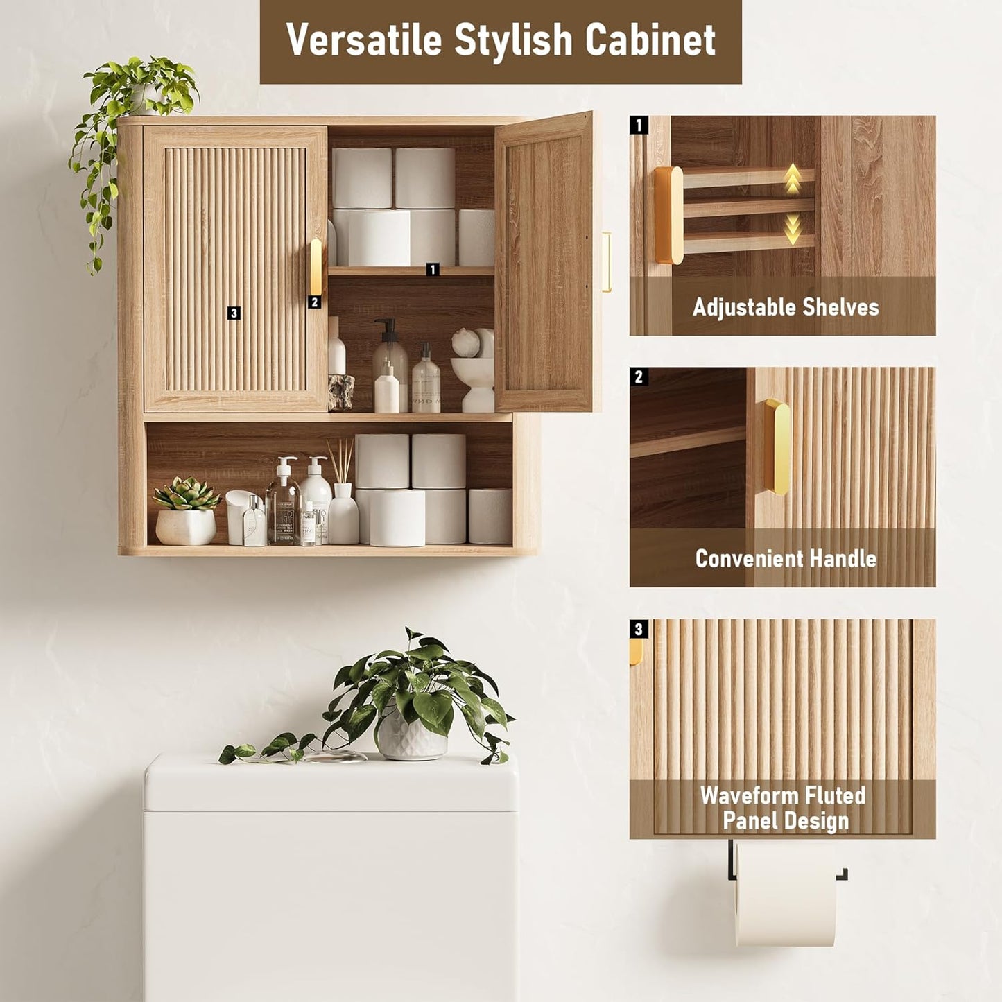 Bathroom Wall Storage Cabinet, Medicine Cabinet with Adjustable Wood Shelf & Doors, Over The Toilet Storage Cabinet for Laundry Room & Living Room Kitchen Storage Islands (Natural Oak)