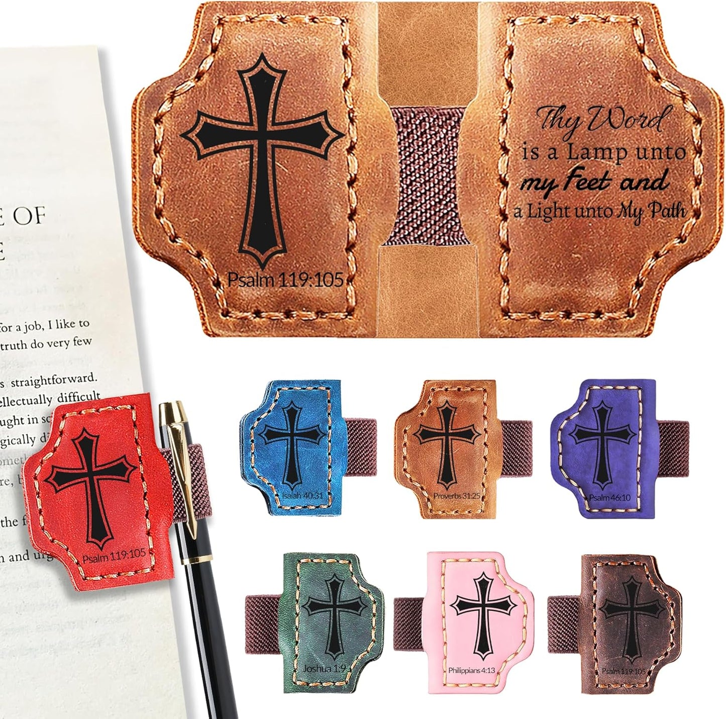 Personalized Magnetic Bookmark with Pen Holder, Bible Verse Scripture Design, Custom Leather Bookmark Bible Study Supplies for Women Men, Christian, Book Lovers Gifts (Brown, Psalm 119:105)