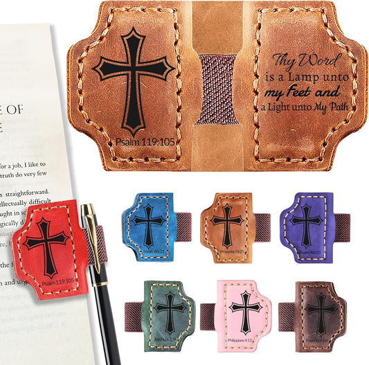 Personalized Magnetic Bookmark with Pen Holder, Bible Verse Scripture Design, Custom Leather Bookmark Bible Study Supplies for Women Men, Christian, Book Lovers Gifts (Brown, Psalm 119:105)