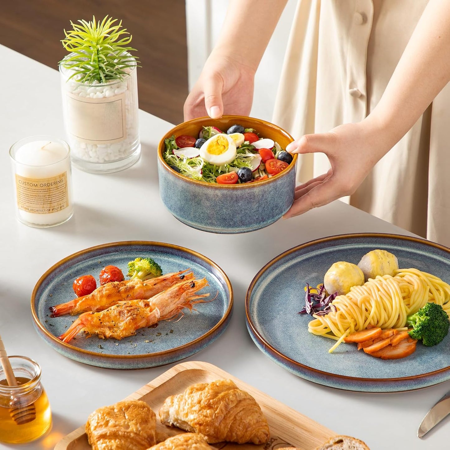 vancasso ONION Ceramic Plates and Bowls Sets, 12 Pieces Blue Dinnerware Sets for Kitchen, Reactive Glaze Dishes Set for 4, Dishwasher and Microwave Safe