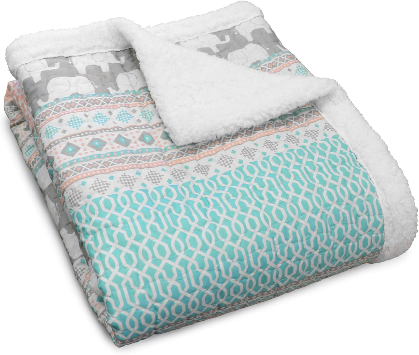 Lush Decor Elephant Stripe Fuzzy Reversible Sherpa Throw Blanket 60” x 50” Turquoise & Pink