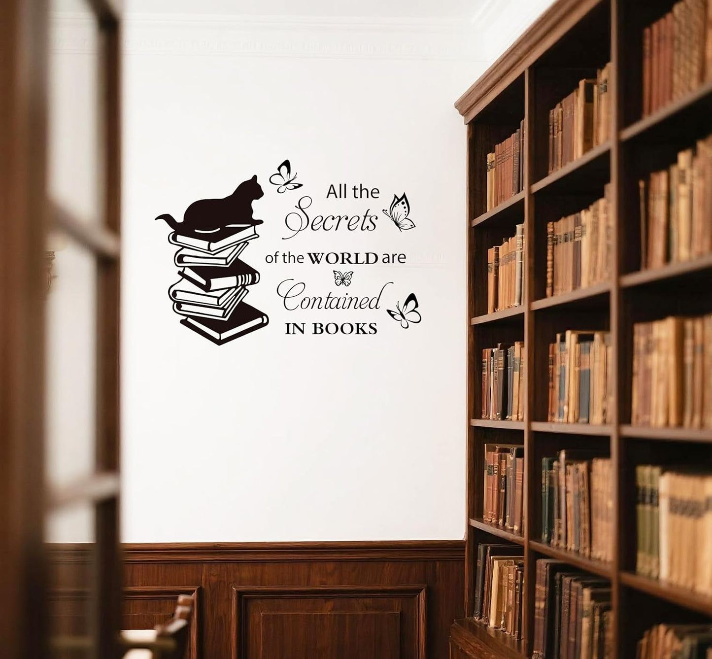 Reading Theme Wall Decal for Kid's Room , Cat Butterfly Books All the Secrets of World Inspirational Quotes Vinyl Removable Wall Stickers for Children Room Classroom Preschool