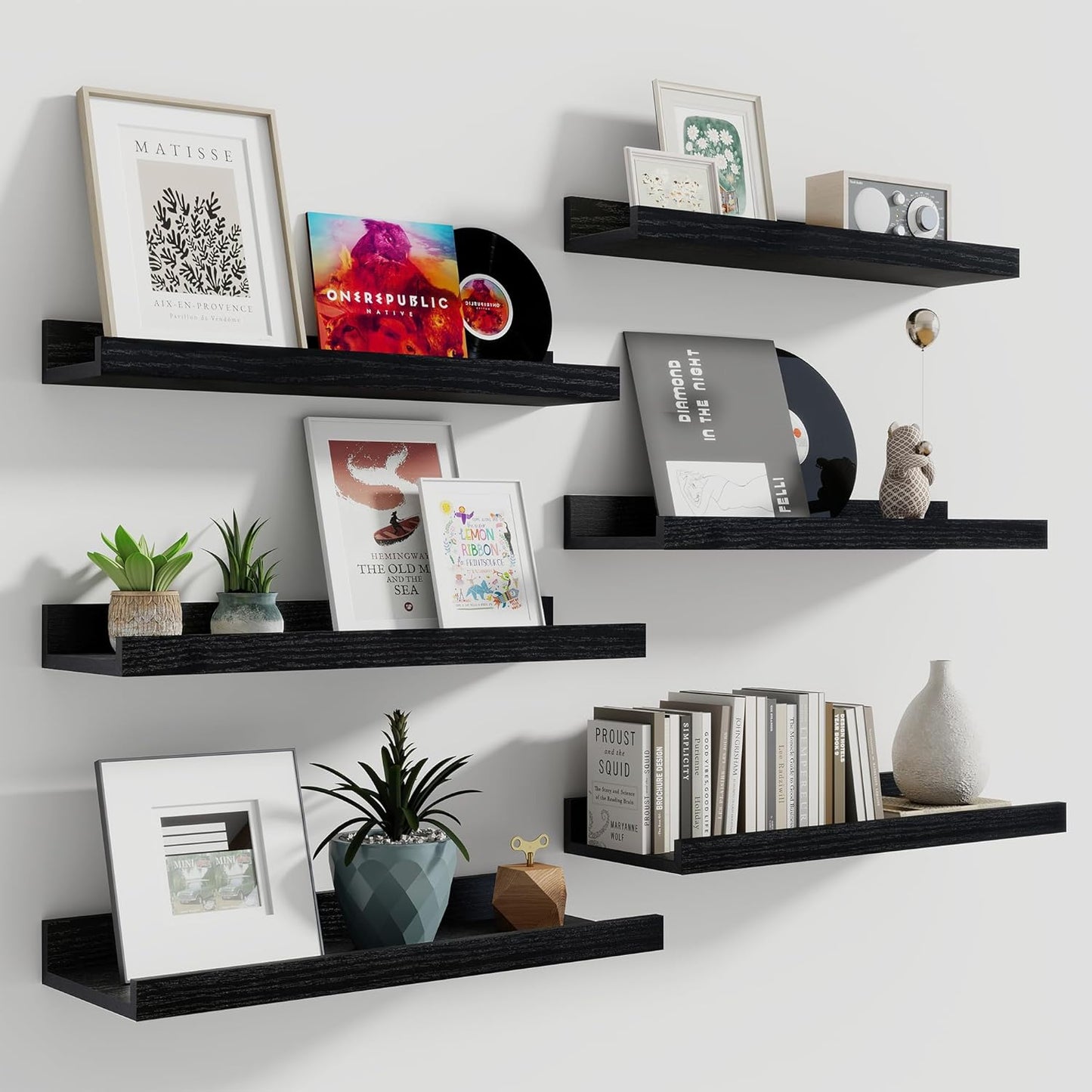 Fun Memories Picture Ledge Shelf, 16 Inch Long Floating Shelves Set of 6, Picture Shelf for Wall with Lip, Large Nursery Book Shelves for Storage, Wall Shelves for Living Room Bedroom Kitchen, Black