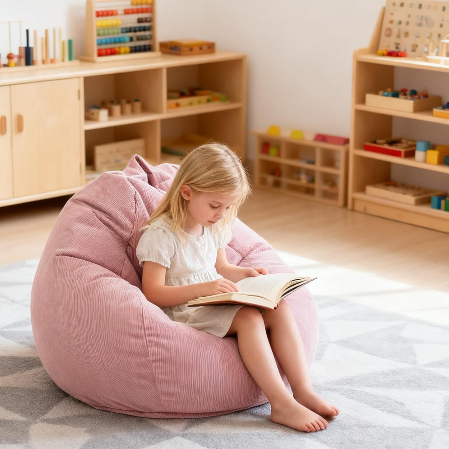 LPMOERA Bean Bag Chair Memory Foam Bean Bag Chairs for Kids/Teens with Filling Round Kids Bean Bag Chair for Living Room Bedroom College Dorm Reading Chair Pink