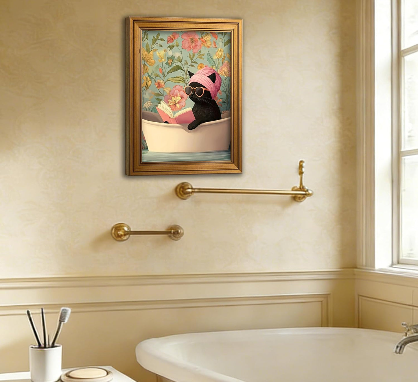 AkmttkDs Vintage Floral Black Cat Bathroom Wall Art, Funny Cat in Bathtub Poster, Retro Boho Flower Botanical Print, Humorous Pet Lover Gift, Unframed 12x16 Inch Canvas Wall Decor for Restroom