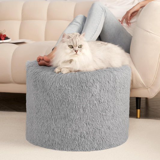 Round Pouf Ottoman Foot Rest, 19"×15" Soft Foam Filled Foot Stool, Lightweight Decorative Pouf for Living Room, Bedroom or Couch, Modern Small Ottoman for Relaxing, Grey