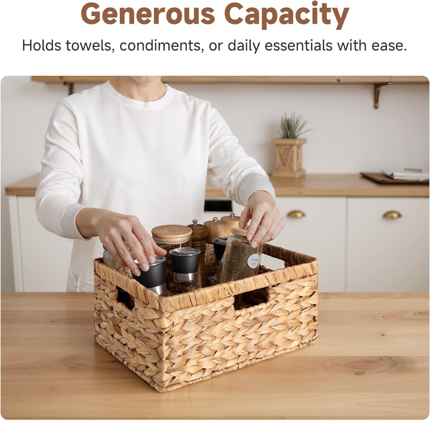 StorageWorks Large Rectangular Wicker Basket, Water Hyacinth Storage Basket with Built-in Handles, 1 Pack