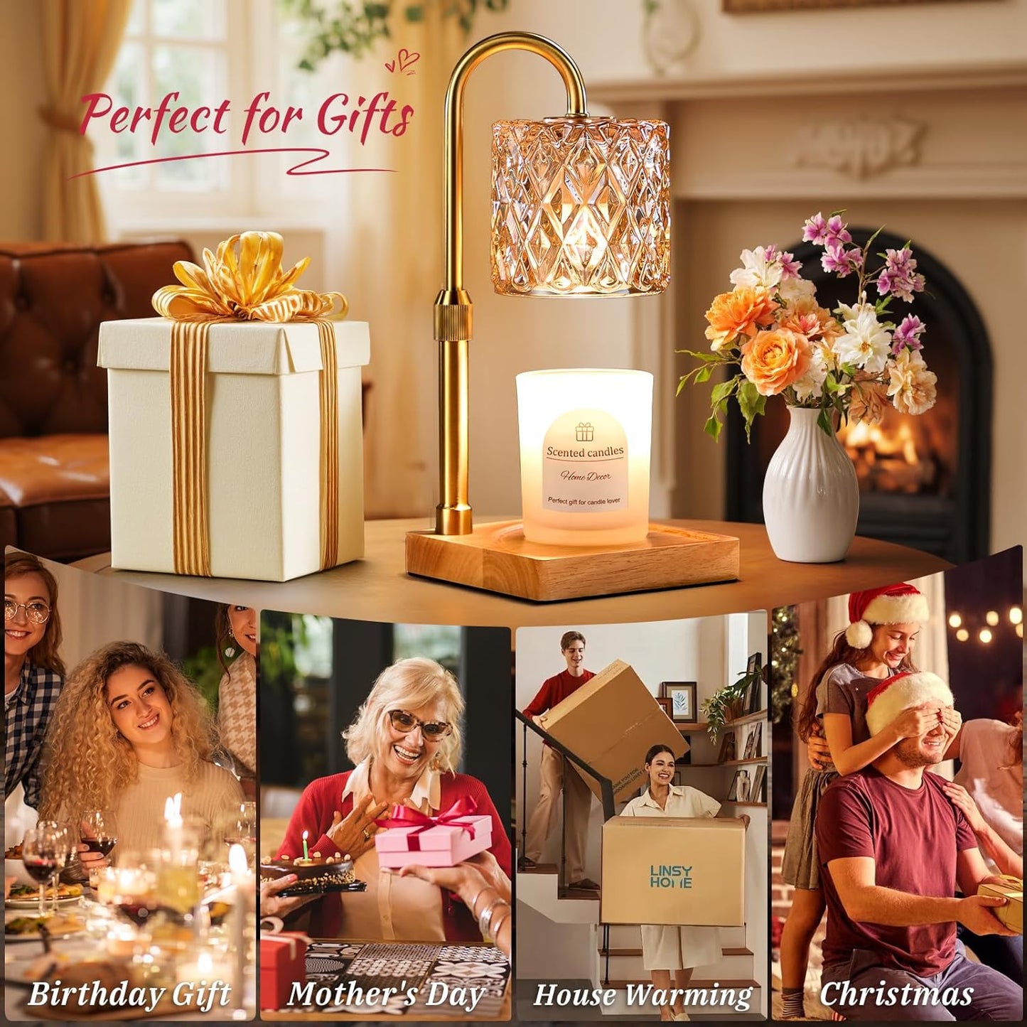 Hong-in Candle Warmer Lamp with Timer -Dimmable Adjustable Height,House Warming Gifts New Home,Vintage Home Decor with Elegant Amber Glass,Birthday Gifts for Women, Mom, Friend and Sister