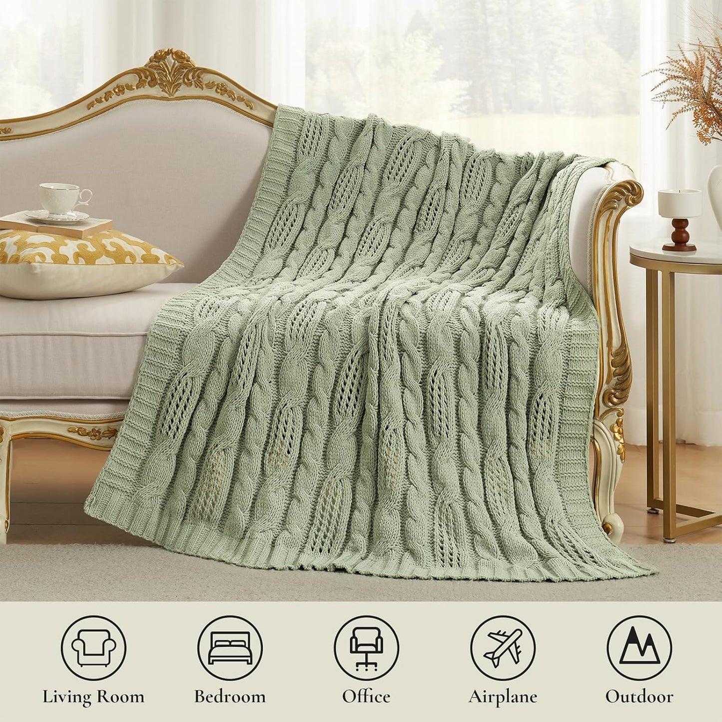 Amélie Home Chunky Knit Chenille Throw Blanket, Dual-Sided Soft Chenille Breathable Cable Knitted Blanket for Couch, Farmhouse Decorative Throw for Sofa & Chair, 60"x80", Sage Green