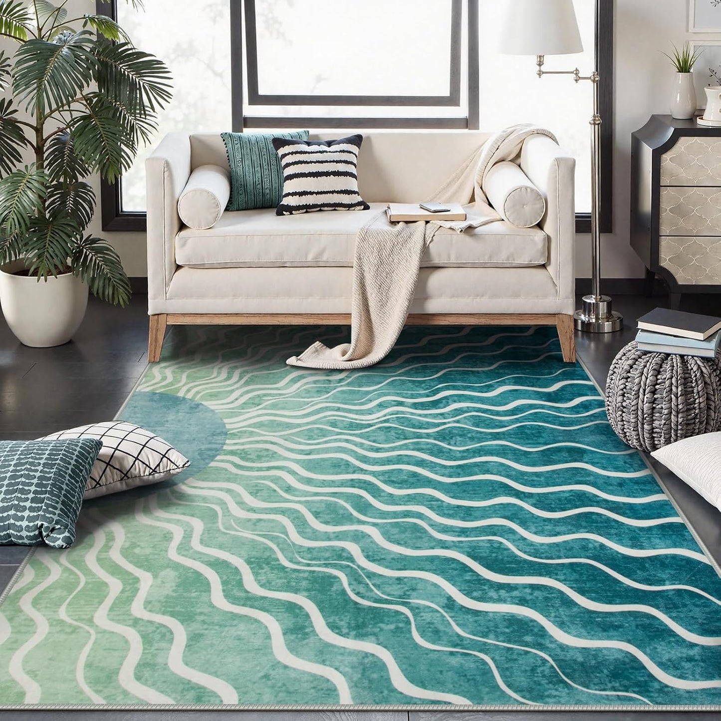 Wonnitar Sun Print Green Area Rug, Boho Washable 6x9 Area Rugs for Living Room, Non Shedding Soft Non Slip Modern Sage Green Carpet for Bedroom Dining Room Office, Teal/Multi