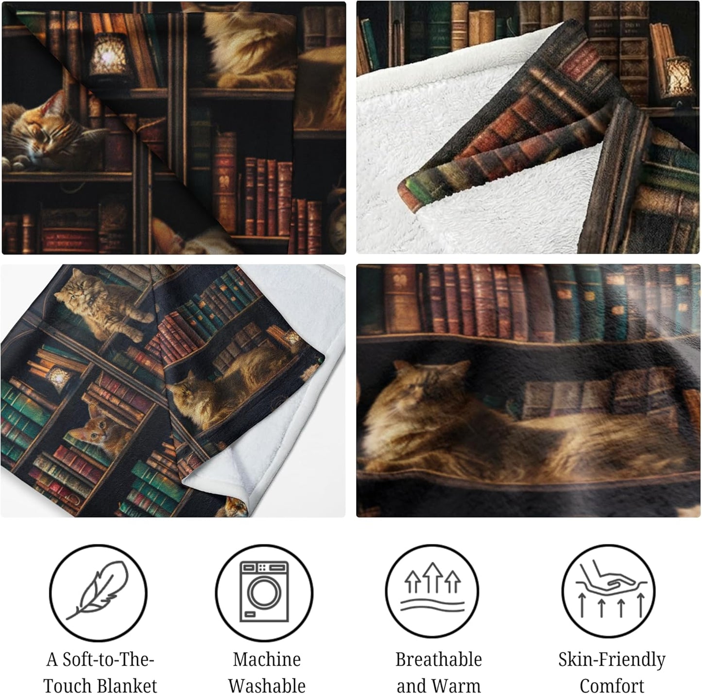 Cozy Book Blanket 50x60, Reading Throw for Readers, Book Lovers Gifts for Women, Reader Gifts, Bookish Present, Librarian Gift, Bookworm Idea, Couch Bed Decor, Vintage Library Bookshelf Cats Print