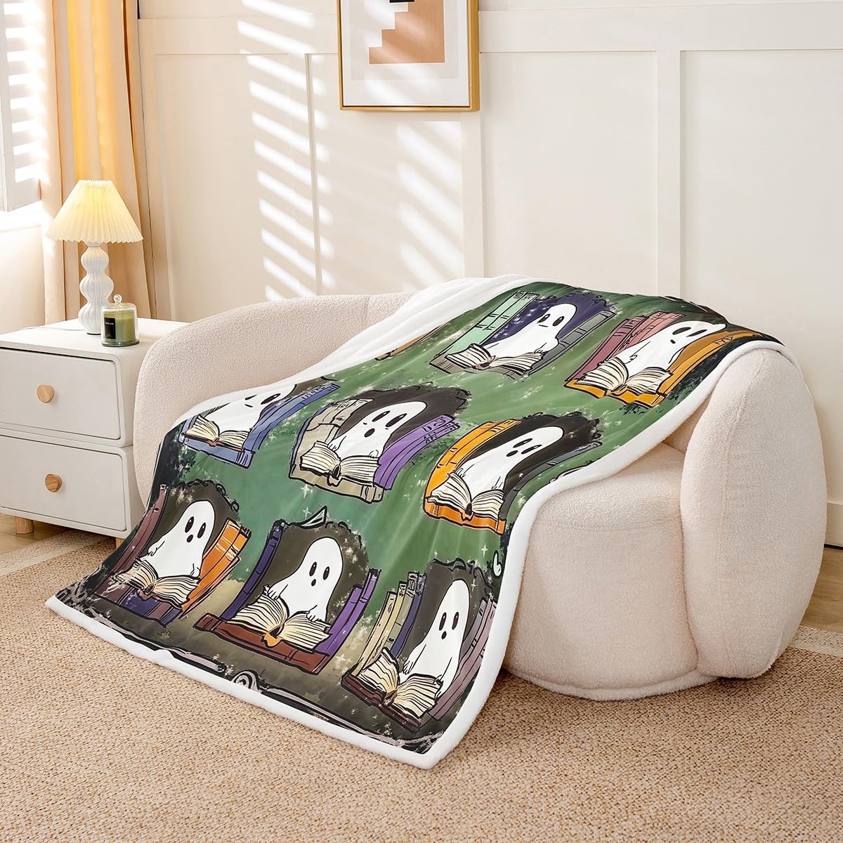 Erosebridal Cartoon Ghost Fleece Blanket Halloween Decorations Gothic Sherpa Blanket 50"x60" | Reading Books Ghost Funny Silhouette Fuzzy Plush Throw