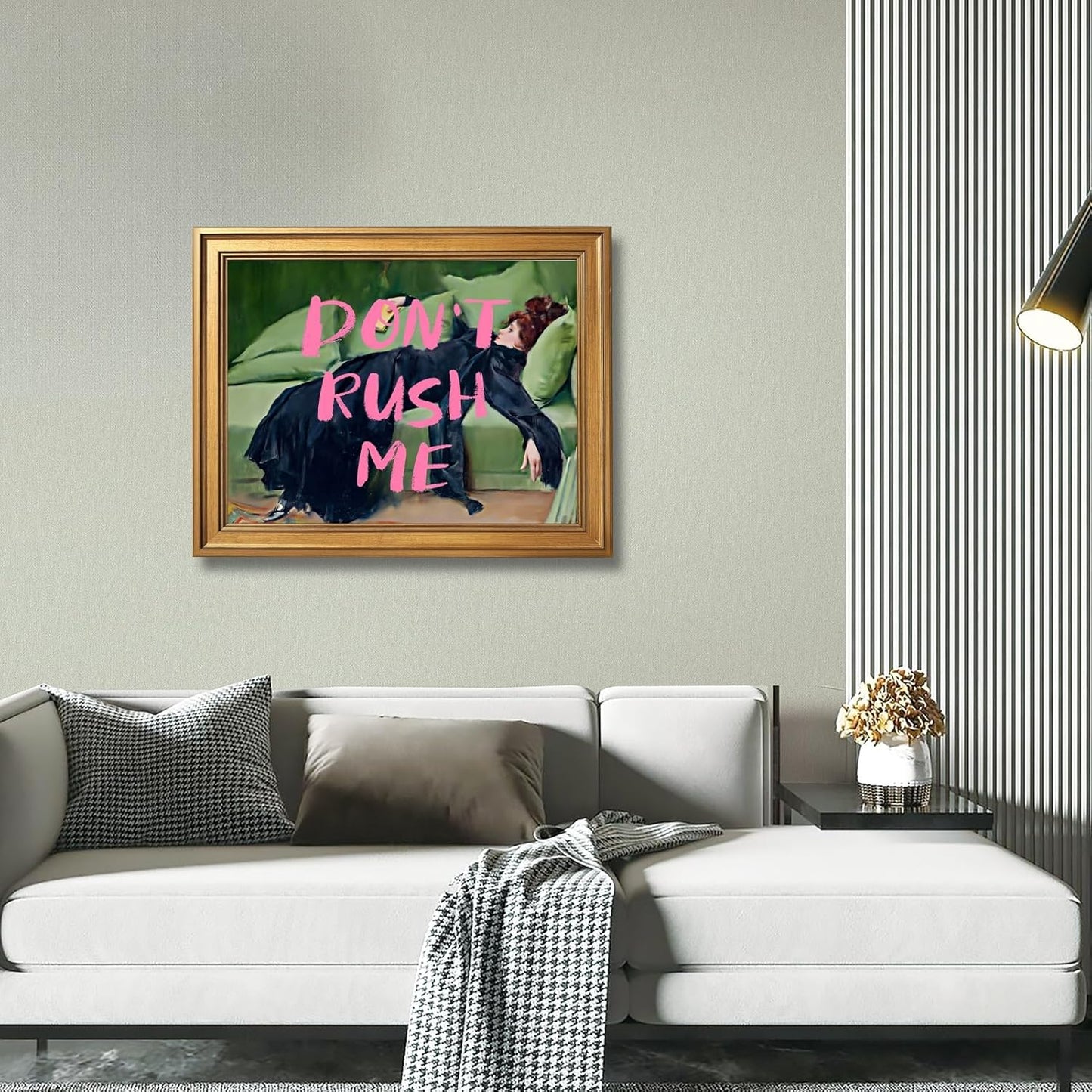 Large Framed Don't Rush Me Wall Art Vintage Altered Portrait Feminist Poster Pink Graffiti Funny Motivational Quote Canvas Painting Victoria Woman Print for Girly Bedroom Home Decor 24x36inch