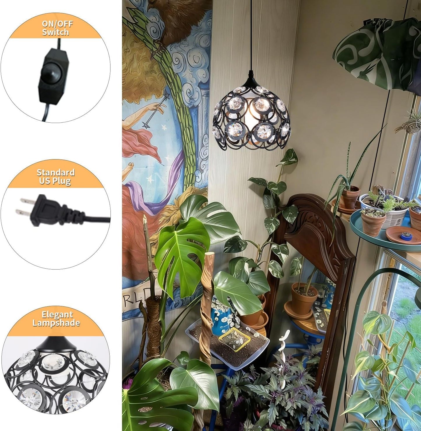 TISLYCO Black Plug in Chandelier, Crystal Hanging Lights with Plug in Cord 13.12ft and On/Off Switch, Hanging Pendant Light for Kitchen Island Bedroom Reading Area