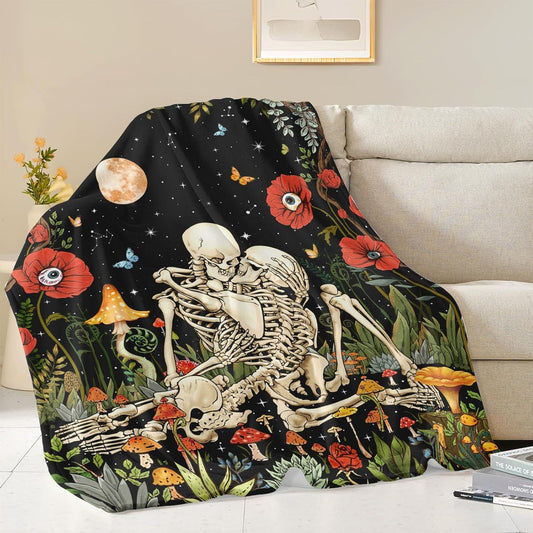 Leeisysme The Kissing Lovers Floral Fleece Throw Blanket, Hippie Skeleton Moon Mushroom Skull Flower Plants Romantic Cozy Decor Nap Blankets for Sofa Bed Couch Chair or Dorm Throws 50×60 inches