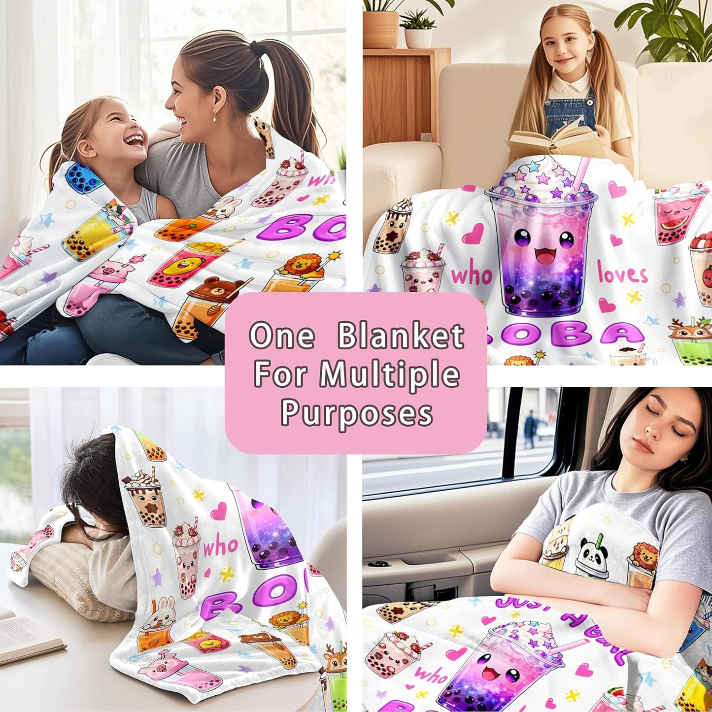Bubble Tea Blanket Soft Plush Flannel Kawaii Bubble Boba Tea Throw Blanket Just A Girl Who Loves Boba Gifts for Birthday Home Decor Women Kids Adults 50"x40"