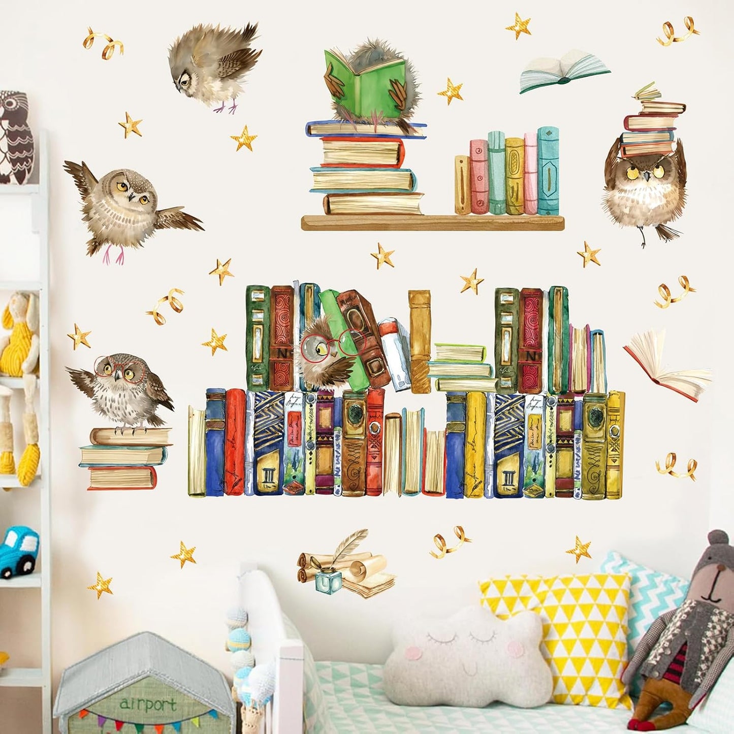 Reading Corner Wall Stickers,Owl Books Wall Stickers,Educational Window Clings,Library Reading Stickers,Cartoon Animal Wall Decal for Kids Baby Room School Bookstore Classroom Nursery Bedroom