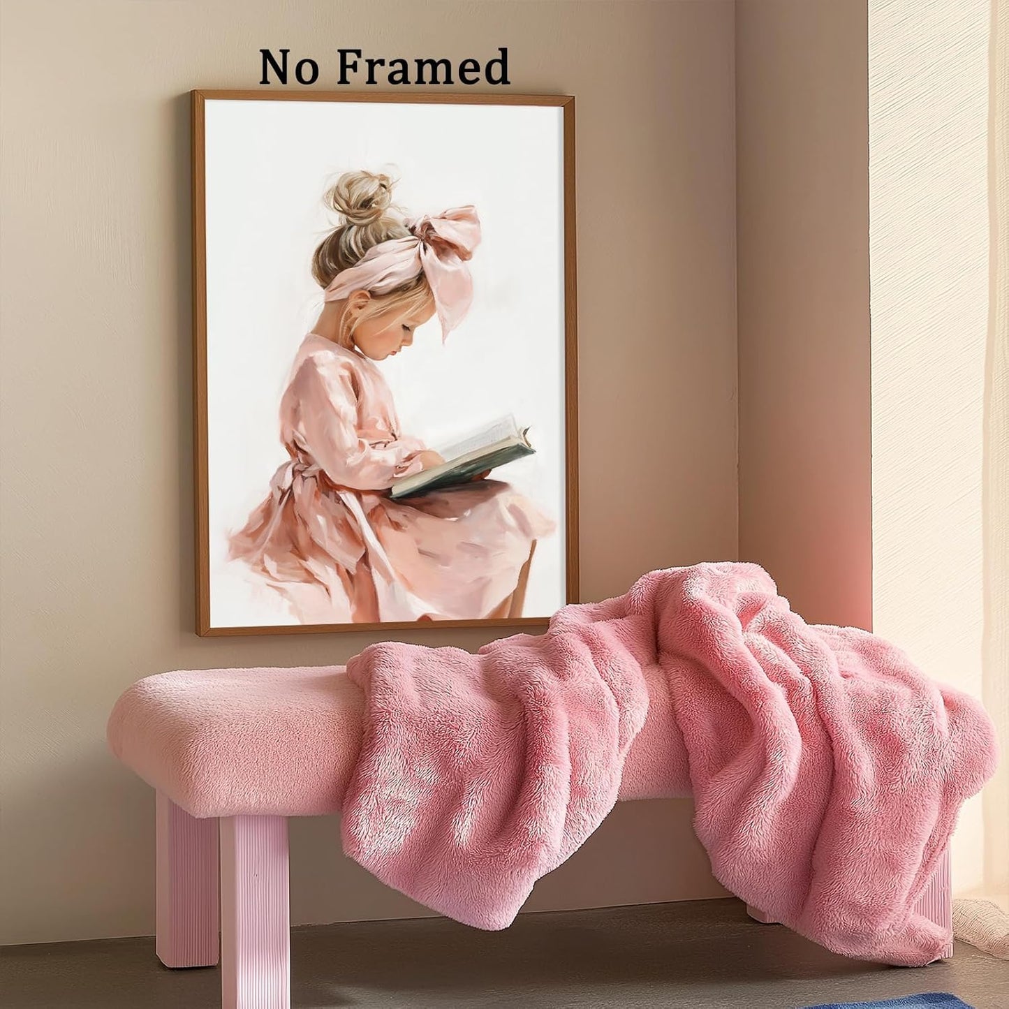 Girl Reading Book Painting Preppy Trendy Poster Coquette Pink Bow Picture for Library Reading Room Book Lovers Poster Cute Pink White Bow Paintings Aesthetic Girly Wall Art Dorm 16x24in Unframed