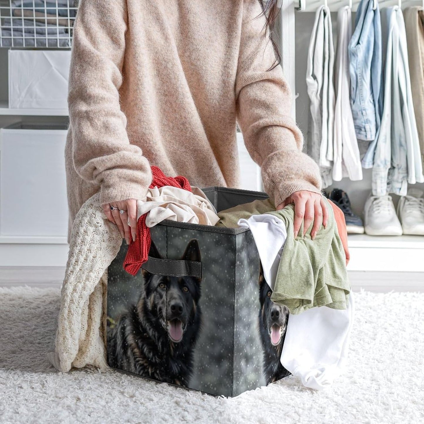 Black German Shepherd Dog Storage Bins with Handles Fashion Large Storage Cubes Sturdy Foldable Storage Boxes Space-Saving Storage Baskets for Home Office Clothes Closet Organizers