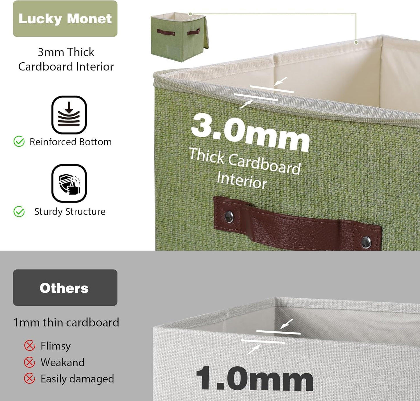 Storage Cubes with Zipper Lid, 11x11x11in Fabric Lidded Storage Boxes Baskets, 1 Pack Foldable Washable PU Leather Handle Cotton Linen Fabric Shelf Closet Organizer Container (Green, Label Pocket)