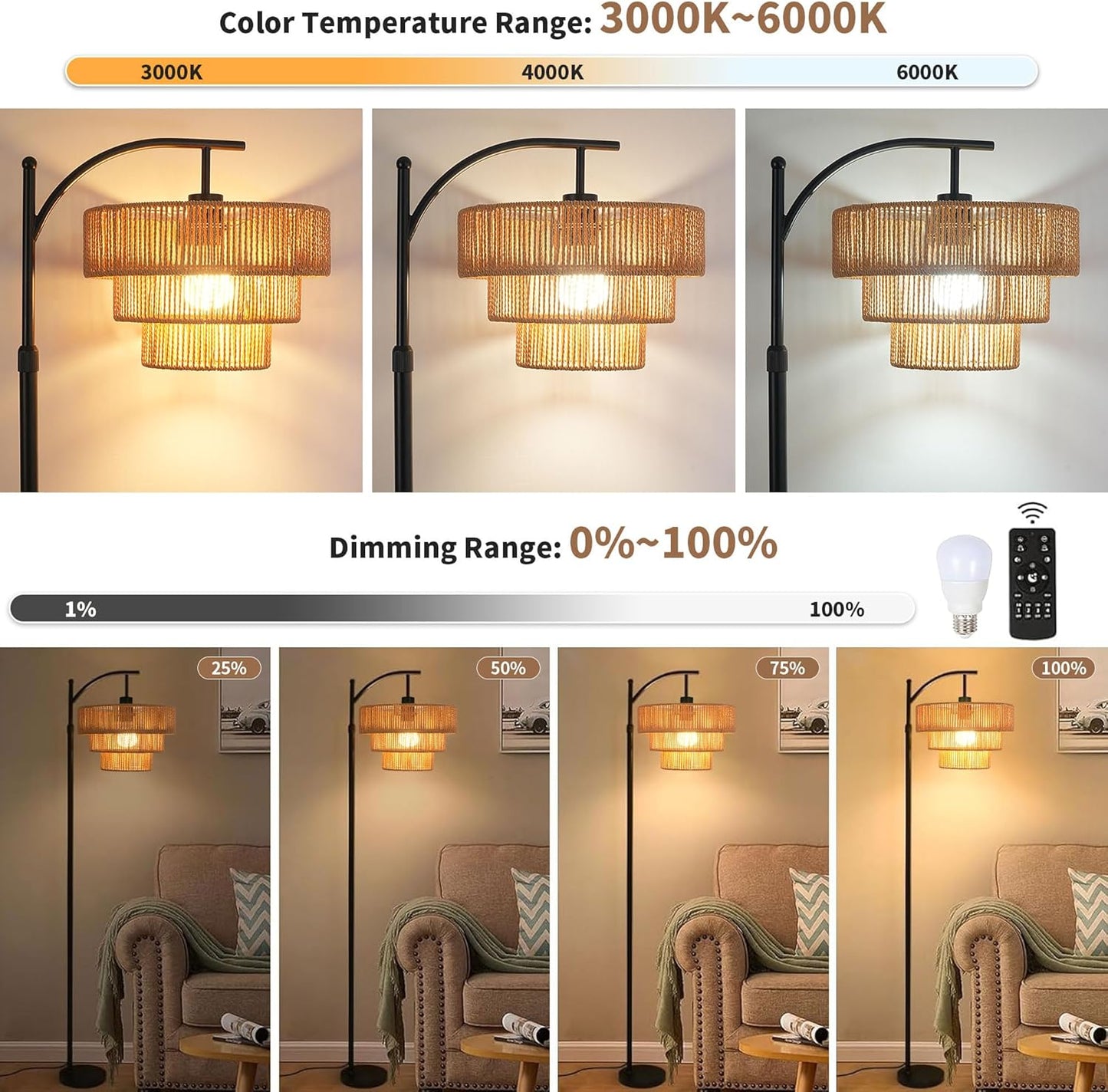 Boho Floor Lamp for Living Room Bedroom with Remote,Arc Farmhouse Floor Lamps with 3 Color Temperature,Rustic Standing Lamp with 3-Tier Rattan Wicker Shades,Adjustable Tall Lamp for Office,Corner