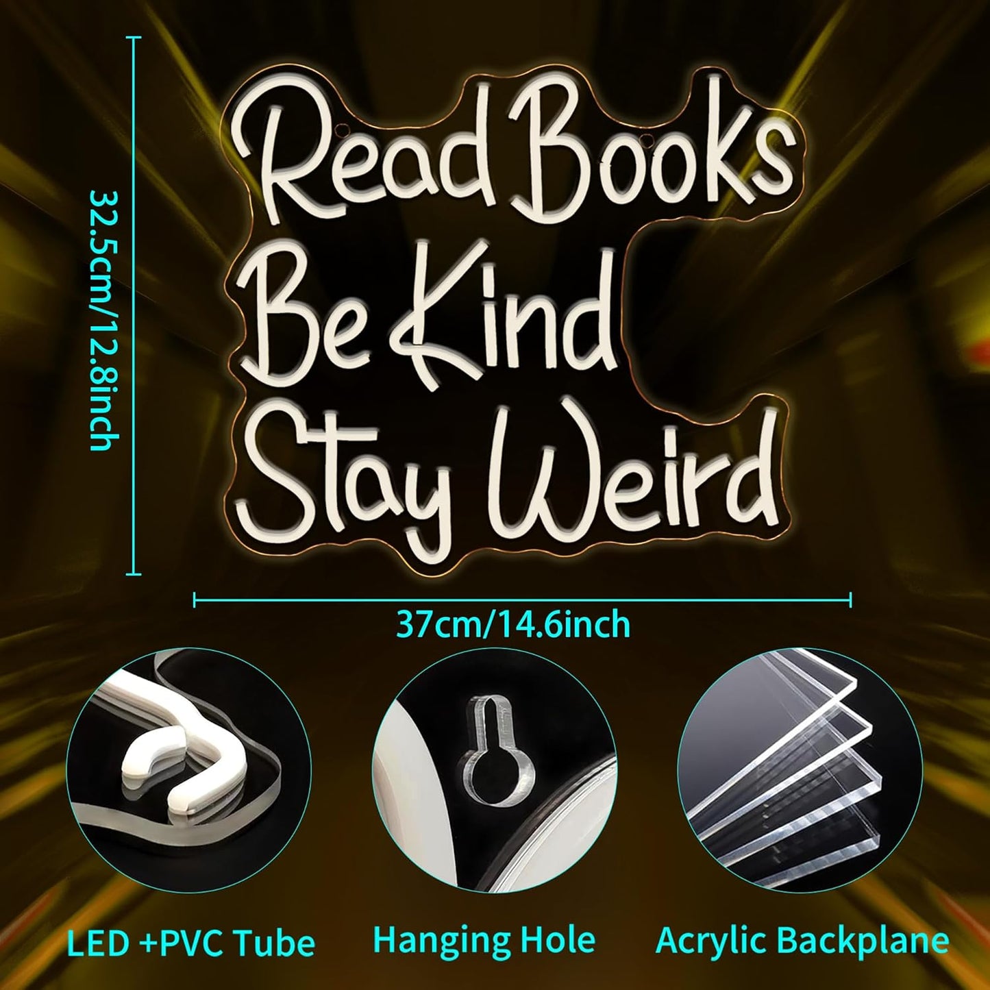 Neon Sign, JGHTURIE Read Books Neon Signs for Wall Decor Warm White Led Lights Signs for Classroom Office Library Bookshop Study Room Decoration USB Powered