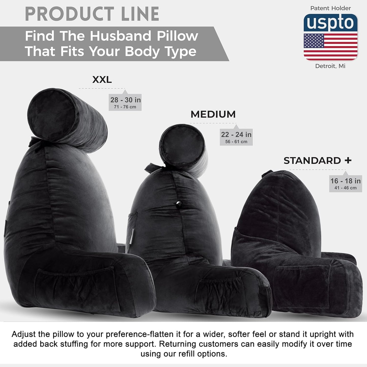 Husband Pillow XXL The Original for Adults - 30" Tall Backrest for Sitting Up in Bed - Firm Support Reading & Bed Rest Pillows for Adults, Neck Roll, Removable Cover - TV - Black