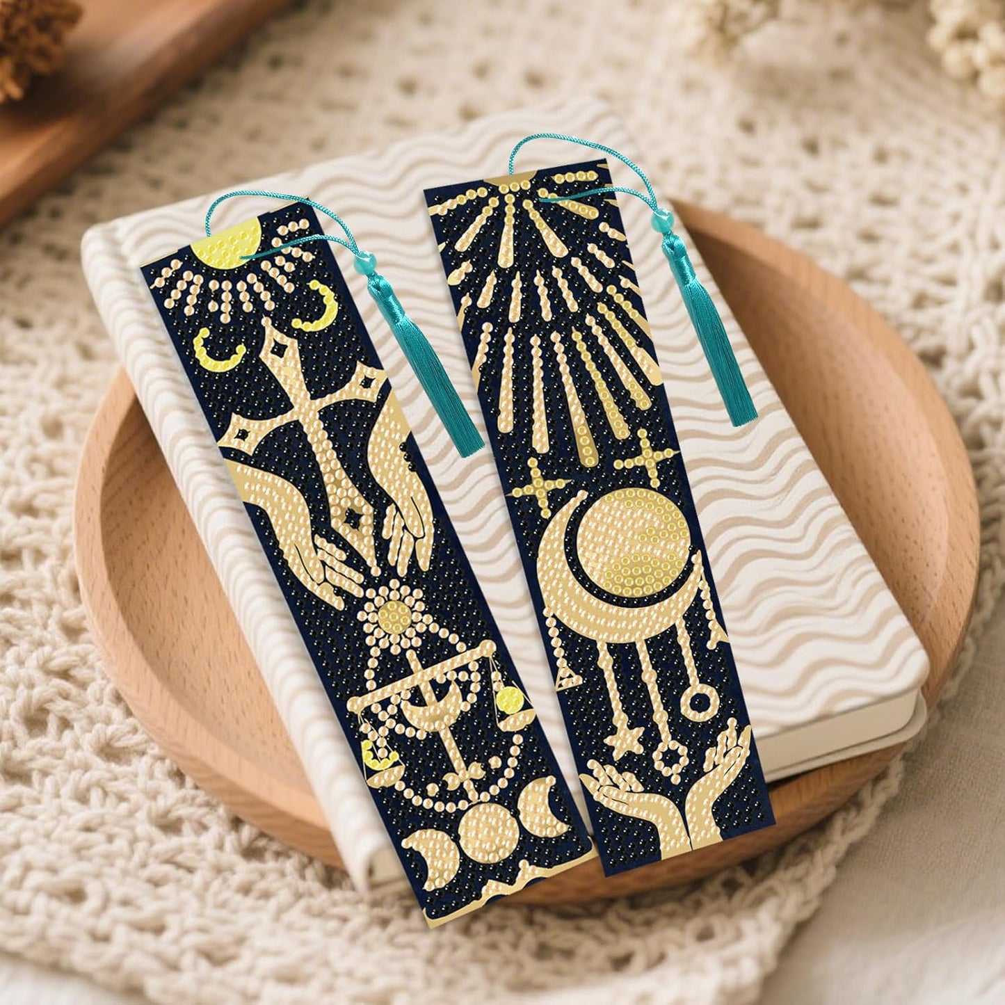 6Pcs Fantasy Divination 5D Diamond Art Bookmarks Sun Moon Scales Diamond DIY Painting Bookmarks Rhinestones Beaded Acrylic Tassel Bookmark for Adult Beginner Crafts