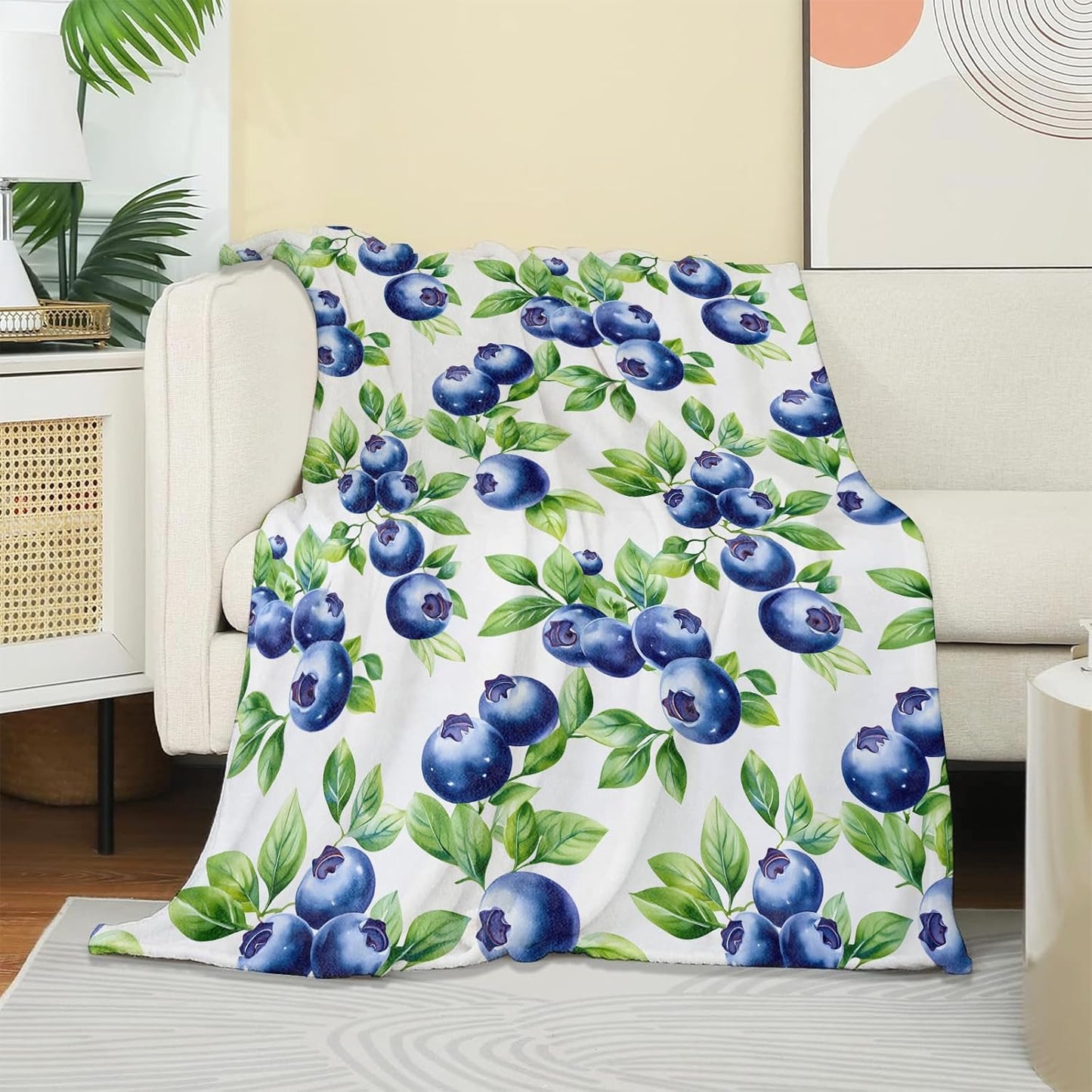 Hand Drawn Blueberry Blanket, Soft Warm Cozy Throw Blankets Gifts for Adults Kids Women, Lightweight Fuzzy Comfy Flannel for Couch, Travel, Car, House Decor 60×50 Inch
