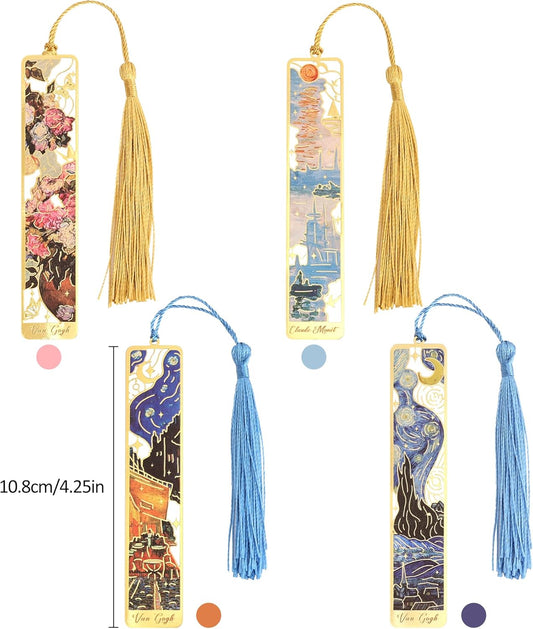 4 Pieces Bookmarks with Tassel, Golden Hollow Metal Bookmark Monet Oil Painting Theme Book Mark for Women Book Lovers Writers Readers Children Teenage Girls, (Starry Sky Style)